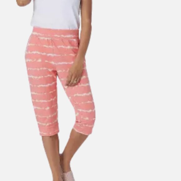 AnyBody Cozy Knit French Terry Printed Ultra Crop Pant Tie Dye Coral Choose Size - Picture 4 of 6